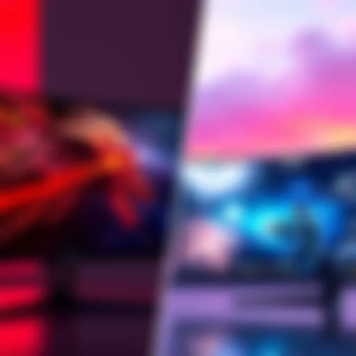 A side-by-side comparison of an OLED monitor and an ultrawide monitor with gaming graphics displayed on the screens