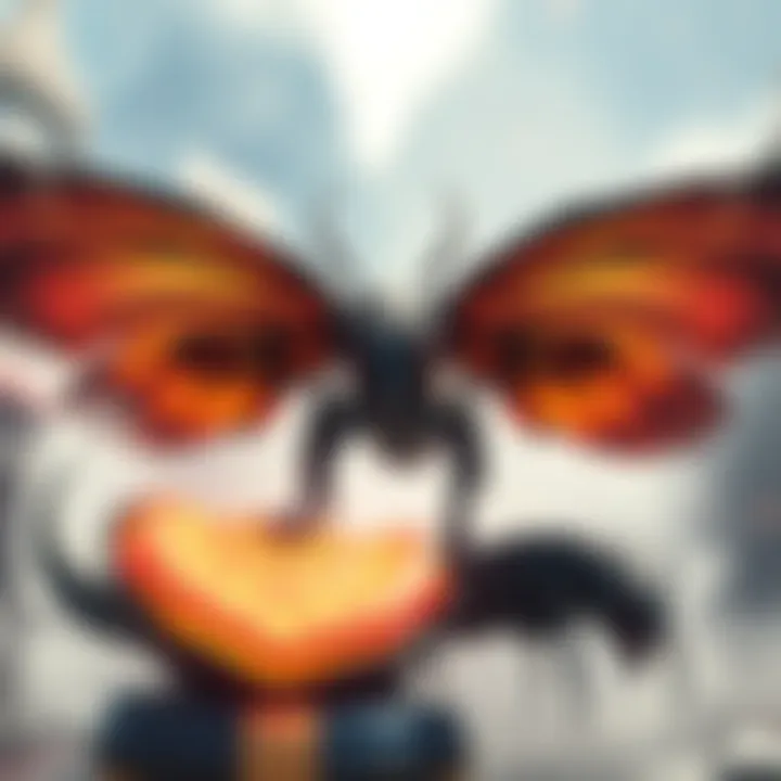 A moth-inspired creature with intricate wings and a larval form, showcasing both stages of its life cycle in a dynamic setting.