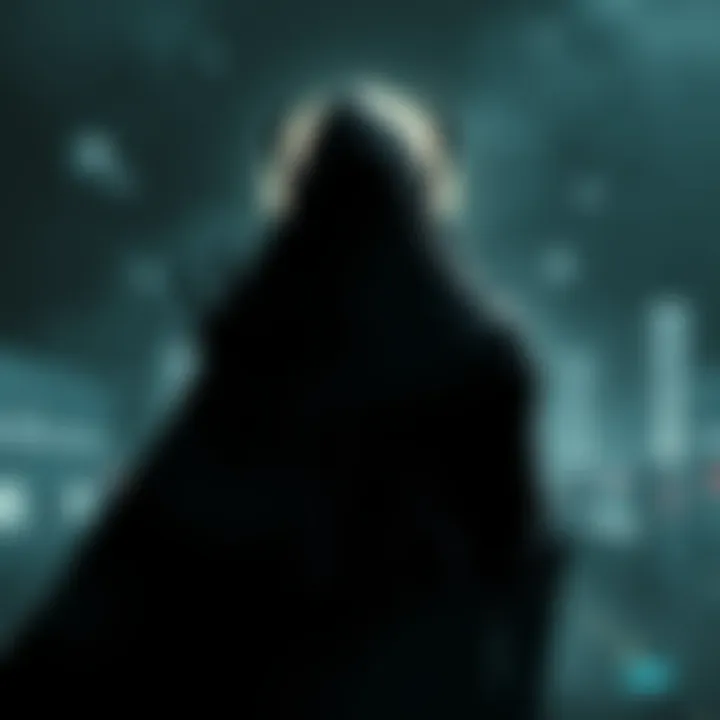 A digital art piece showing a dark and shadowy figure representing Omega, with faint outlines of gaming elements in the background, creating an eerie atmosphere.