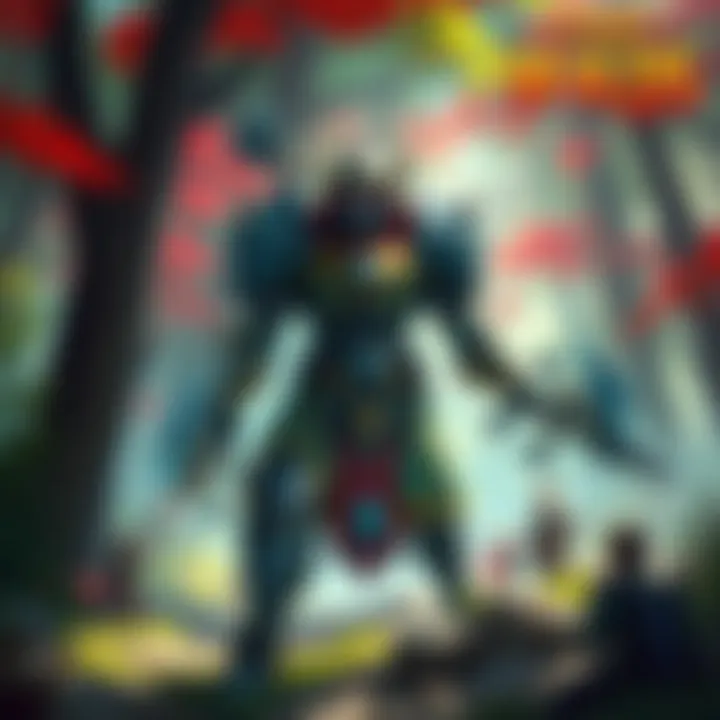 A digital painting of the new character Omega in a vibrant forest setting, showcasing its unique armor and weapons, with players eagerly watching in the background.
