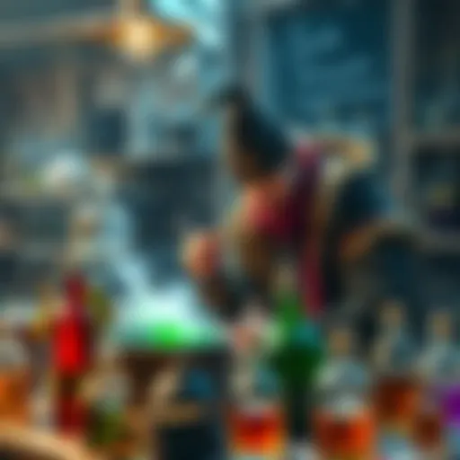 A potion enthusiast brewing wiggenweld potions at a table, surrounded by colorful potion bottles and supplies, preparing for a convention.