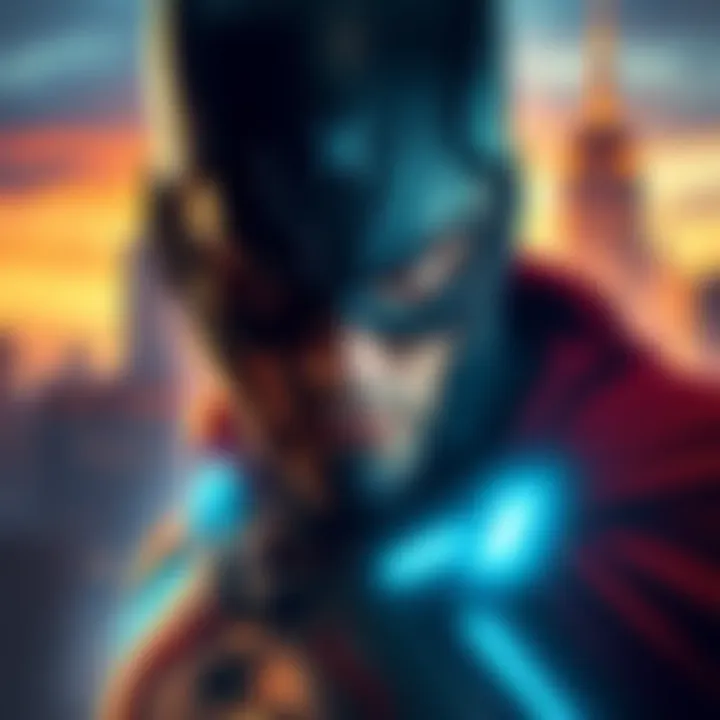A close-up of Omni-Man showcasing his intense expression and superhero costume, highlighting his muscular build and cape, set against a dramatic city skyline.