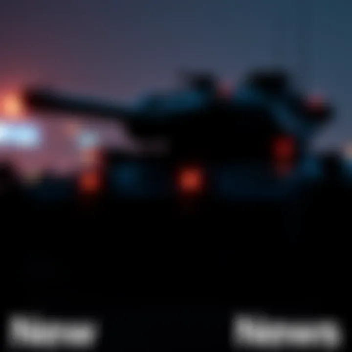 A dark silhouette of a large armored tank with robotic features, capturing attention as people discuss its design and functionality.