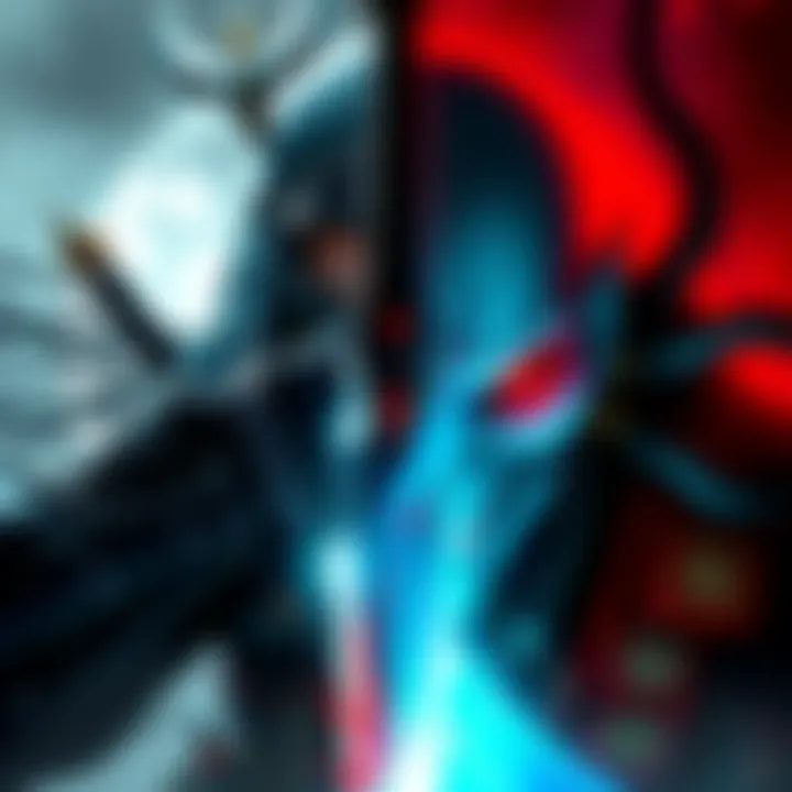 Omnimusha vs Blood of Dawnwalker A split image showing a warrior with a sword on one side and a vampire with glowing eyes on the other, representing the two games.