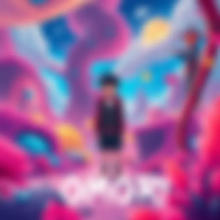 A colorful scene featuring the main character from OMORI, standing in a dreamlike landscape filled with surreal elements and emotive expressions.