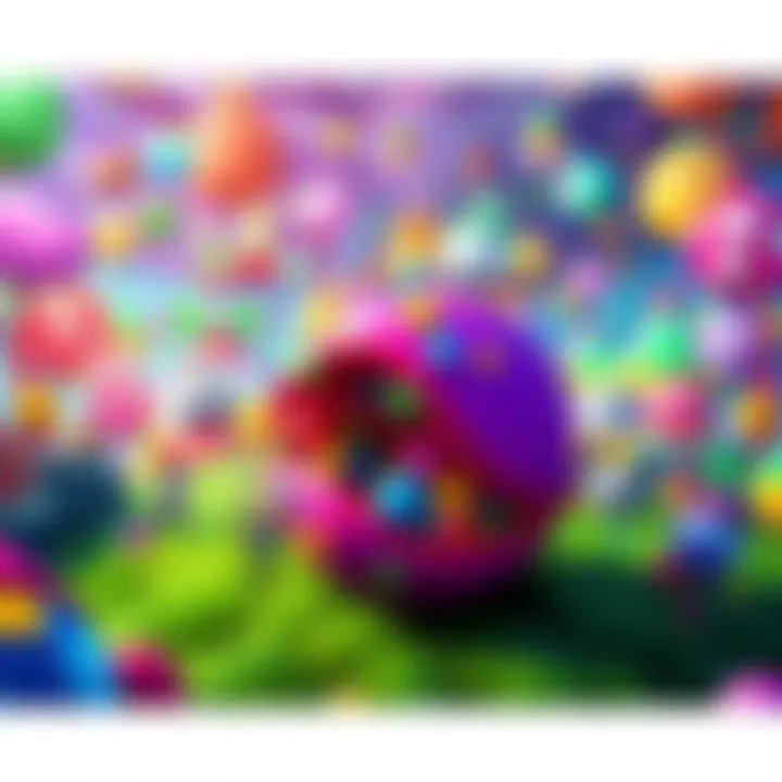 A colorful scene from Once Upon a Katamari showing a character rolling a katamari ball through a vibrant environment filled with various objects and characters