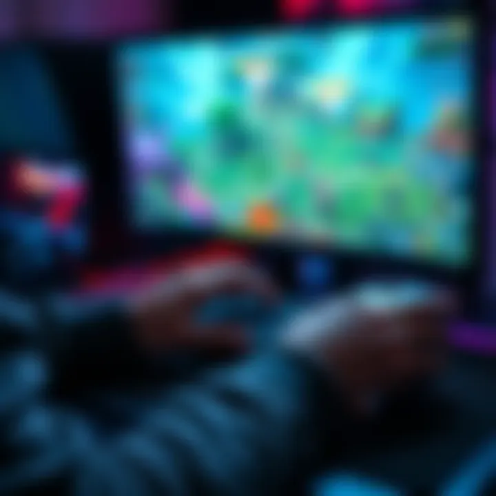 A gamer playing a PC game with one hand on a keyboard and mouse, focused on the screen with vibrant game graphics visible.