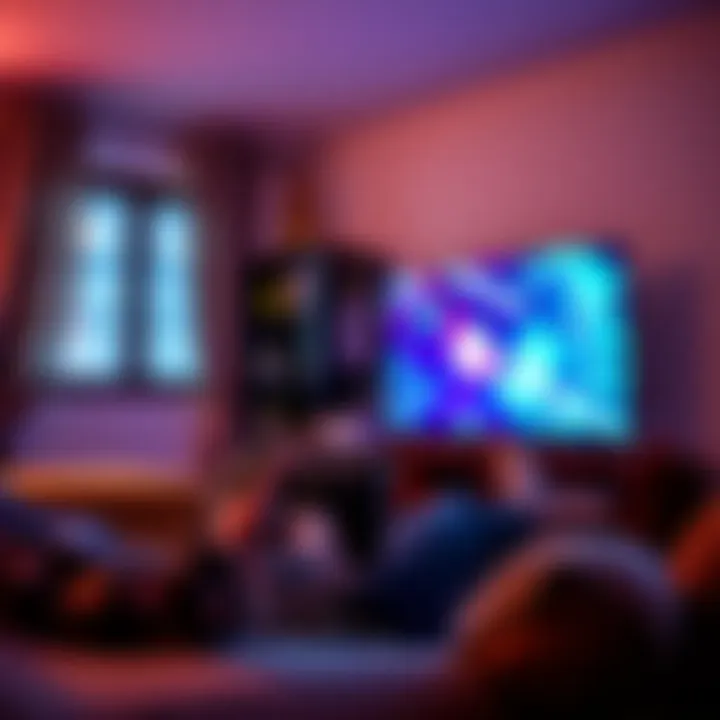 A person sitting on a couch using a game controller with one hand, focused on the TV screen, in a cozy living room setting.