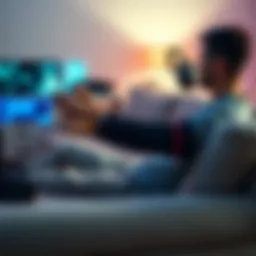 Person playing video games with one hand A person sitting on a couch, gaming with their right hand while the left arm is in a sling, surrounded by gaming accessories.
