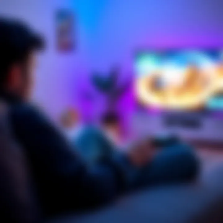 Individual using a game controller with one hand while sitting on a couch, focused on the screen