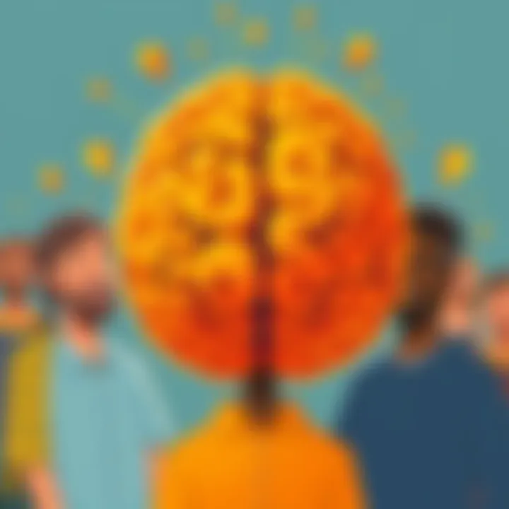 A lighthearted illustration showing multiple people sharing a single oversized orange brain cell, symbolizing collective thoughts and connections, with smiles and expressions of understanding.