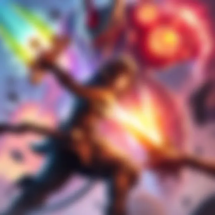 One Shot Build in LOTF A powerful character using a one shot build to attack a giant boss in LOTF, surrounded by special effects and glowing weapons.