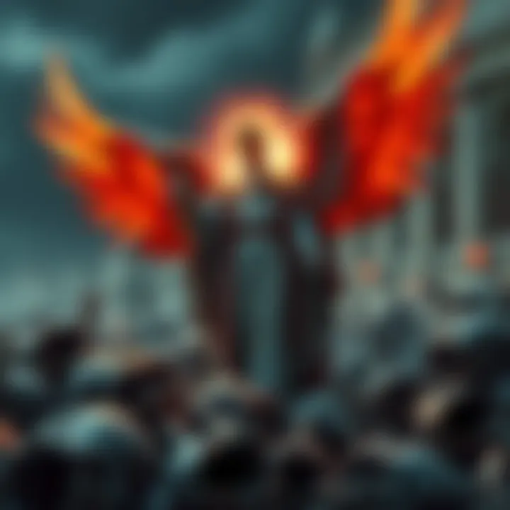 Archbishop Andreus depicted as a one-winged angel amidst fallen carcasses, symbolizing his unique transformation at the Cathedral