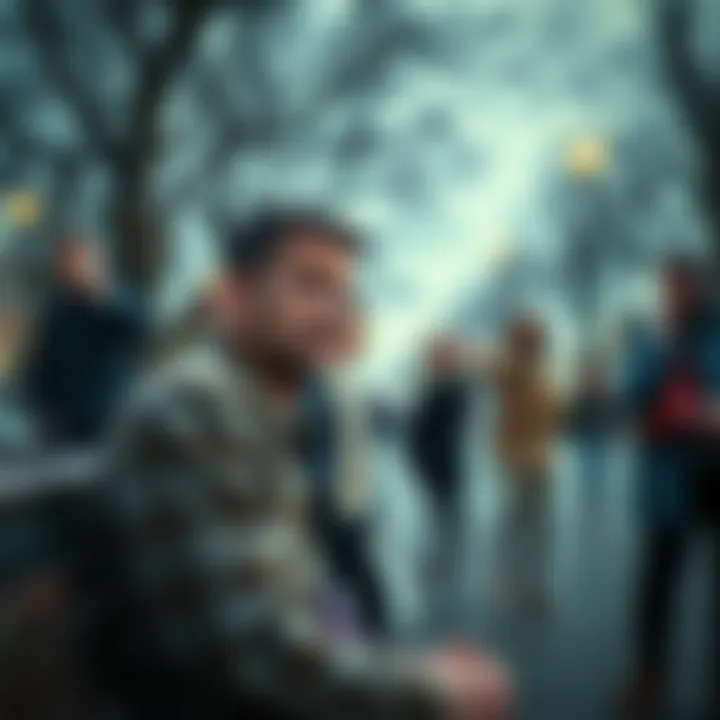 A one-armed man sitting on a park bench, looking upset as people pass by, some pointing and laughing, highlighting bullying behavior.