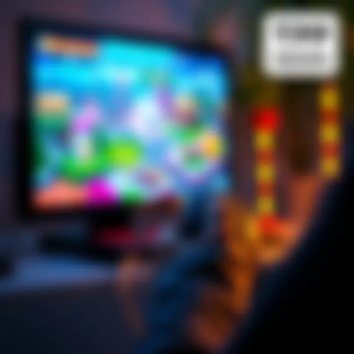 A person playing a one-handed PC game with a mouse, enjoying a colorful game scene on the screen.