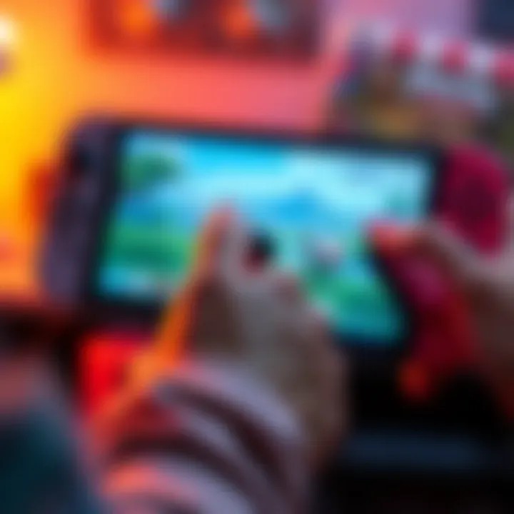 One-handed gamer playing a Switch A person using one hand to play a Nintendo Switch console, focused on the screen, with a Joy-Con controller in hand.