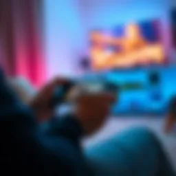 A person comfortably playing a video game using one hand on a handheld console, showing a relaxed gaming atmosphere.