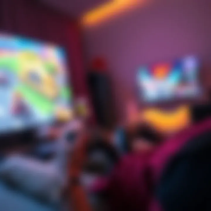 A person playing video games with one hand while relaxing on a couch, showcasing various game controllers and a large screen with colorful game graphics.