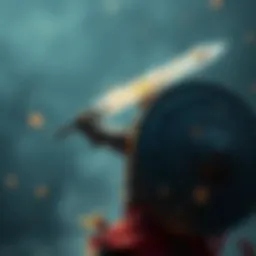 A warrior holds a strong 1-handed weapon while using a shield for protection, showcasing the combination of defense and offense.