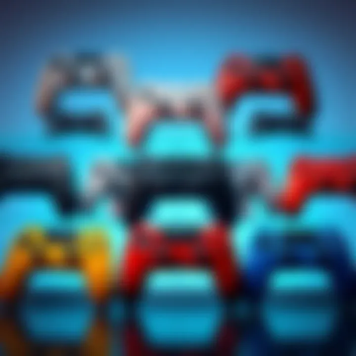 A display of various unique One/Series controllers arranged artfully, showing different designs and colors, perfect for gaming fans.