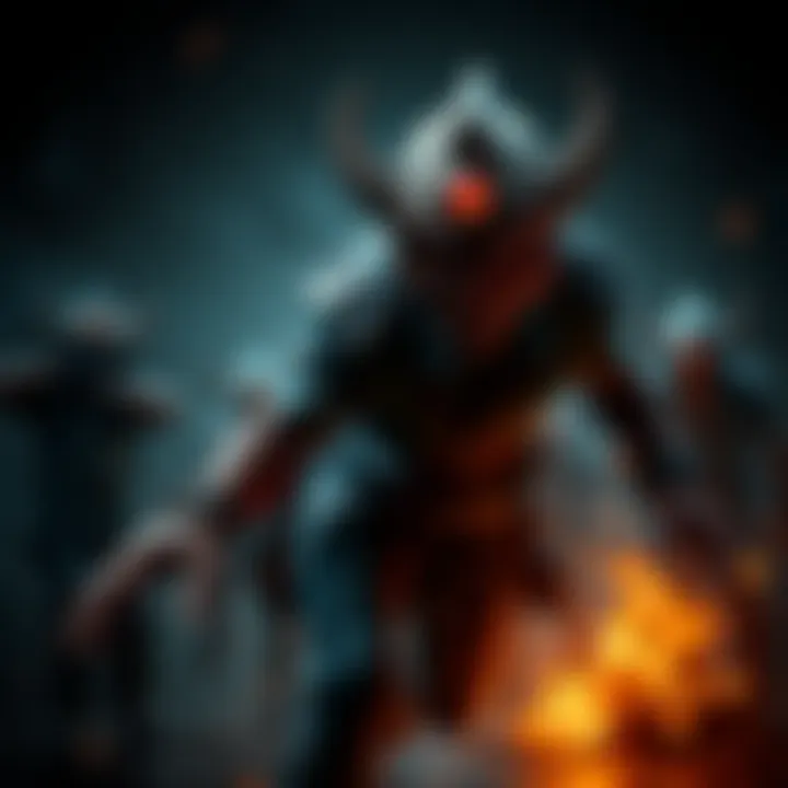 Oni Character in Gameplay Oni character from a video game attempting to chase multiple survivors in a dark setting