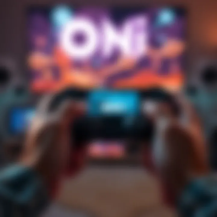A close-up of a game controller in a player's hands, focused on the game Oni on a TV screen, showing intense gameplay action.