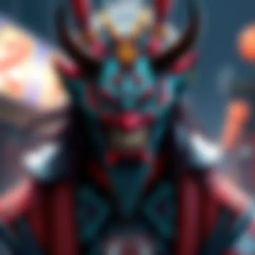 A character wearing an Oni/Demon skin in a video game, showcasing a fierce and colorful design with traditional Japanese elements.