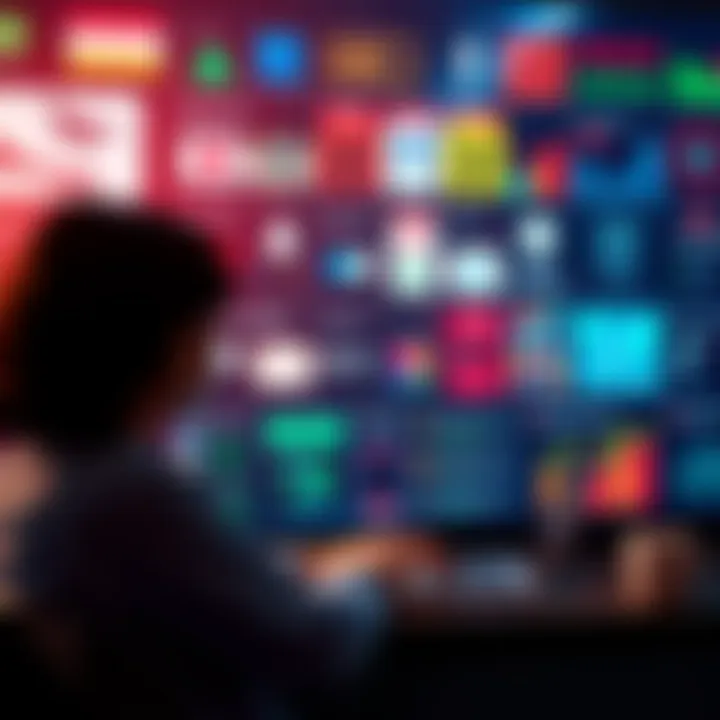 A person using a laptop in front of a digital board displaying various online content strategies and regulations, highlighting ways content avoids bans.