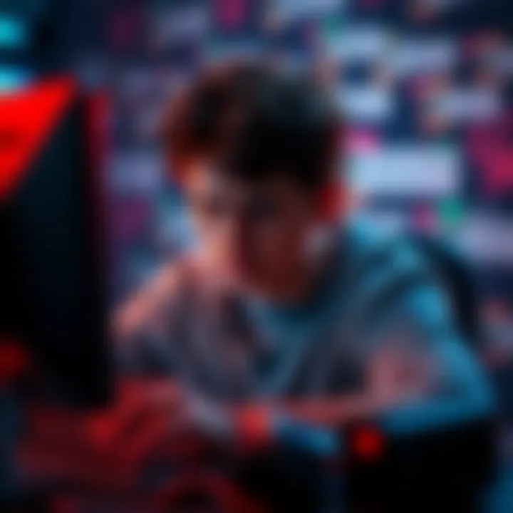 A gamer is shown with a frustrated expression while playing on a computer, surrounded by chat messages with insults.