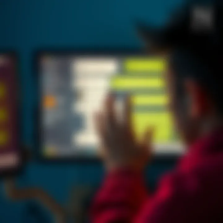 A worried person looking at a computer screen with chat messages and warning signs, indicating online harassment.
