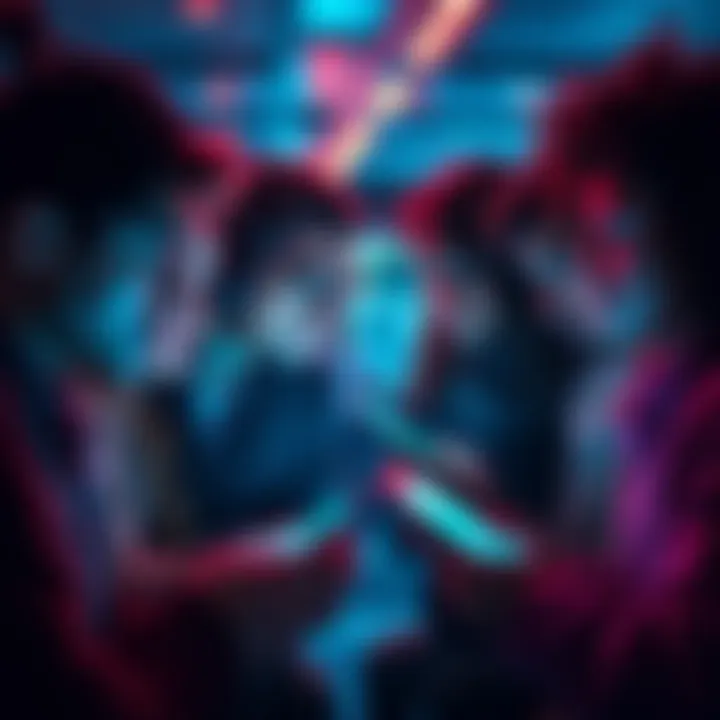 People engaging in online conversation A group of diverse people interacting on their devices, showcasing the phrase 'No bruh' in a digital chat