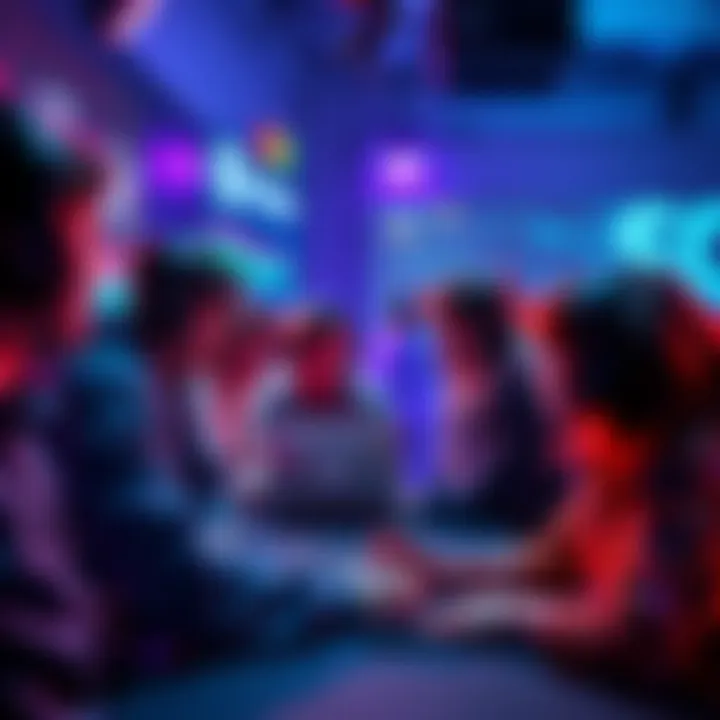 A group of players engaged in a voice chat while playing together in a virtual gaming environment, with colorful graphics depicting various gaming elements.