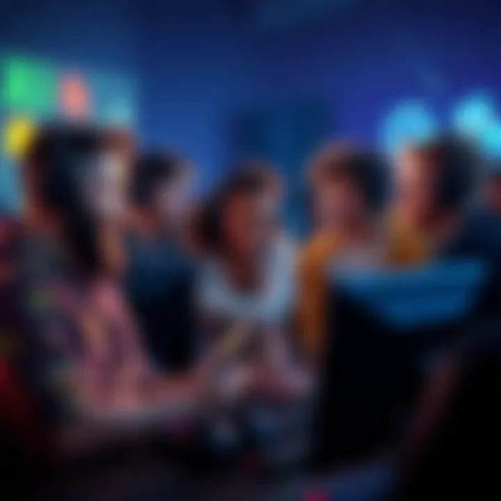 Online gaming interactions A group of diverse players interacting through voice chat while playing a video game, highlighting toxic behavior and unrealistic expectations in gaming.