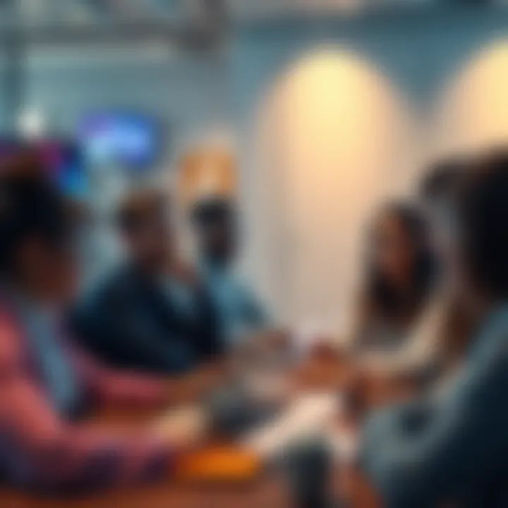 A group of people in a virtual meeting, talking over each other and looking frustrated