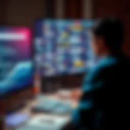 A person sitting at a desk, looking intently at a computer screen filled with various search queries and social media icons, reflecting their online interests.