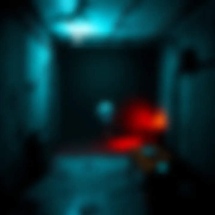 A scene from the horror game Only You Are Here, showing a dark environment with eerie lighting and a character navigating through a spooky area