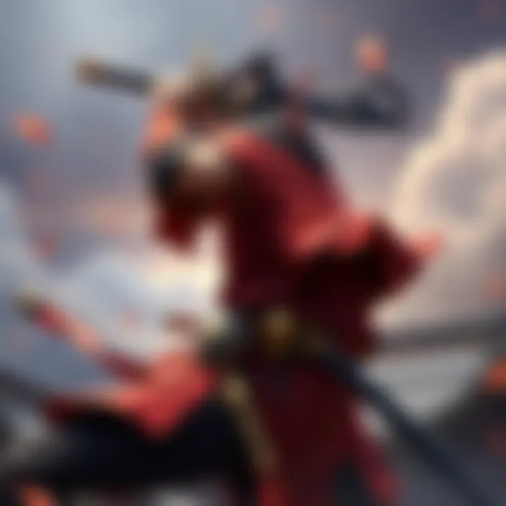 A character wearing the new Onzoshi outfit from the Triple Triumph quest, showcasing a samurai style without a hood, in an action pose.