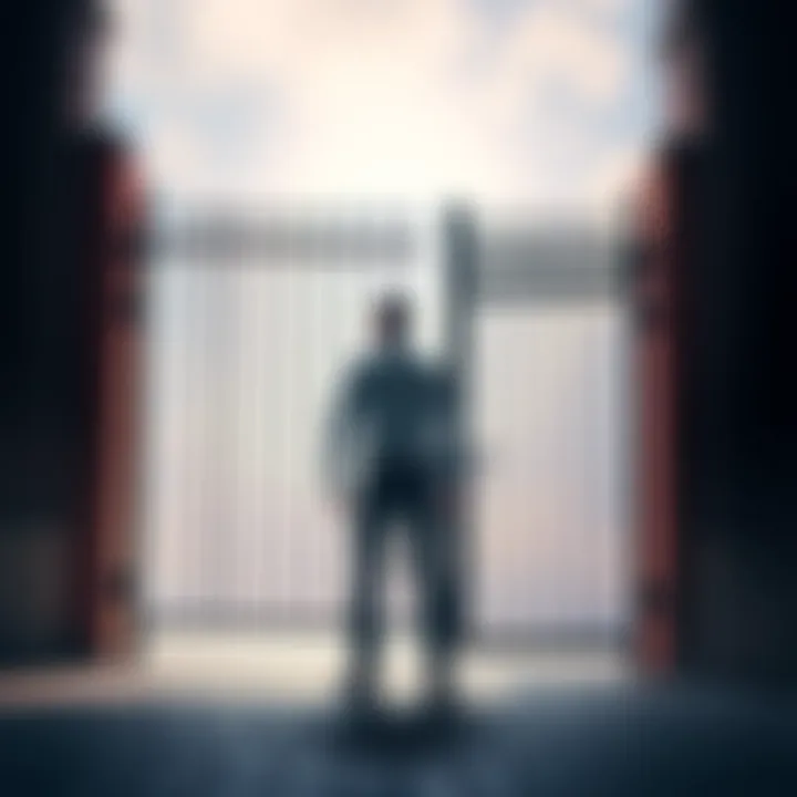 Open Gate A person standing in front of a partially open gate, ready to push it open, with a determined expression on their face.