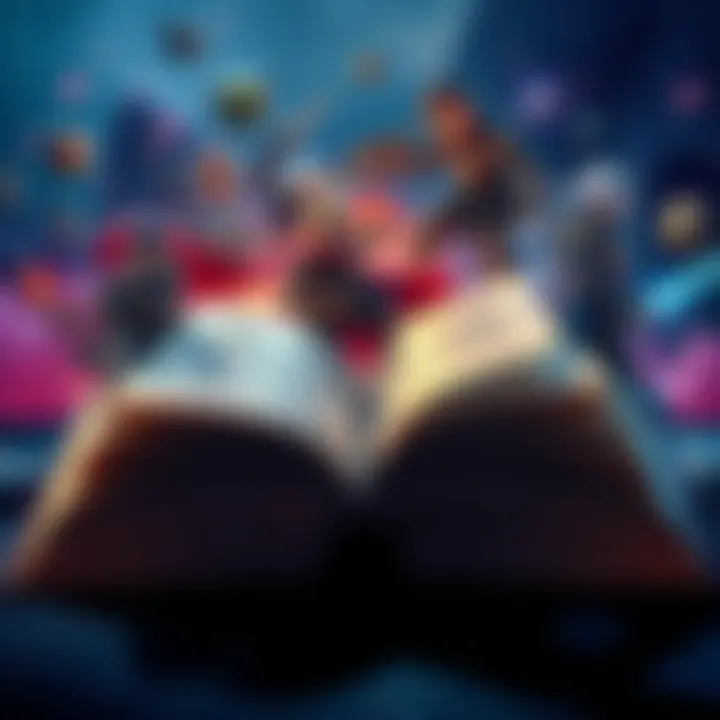 Open book with game characters An open book featuring illustrations of various video game characters and lore details, emphasizing the importance of reading lore in gaming.