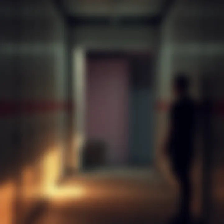 A person looking inside an open abandoned storage unit, revealing an intriguing item in the corner.