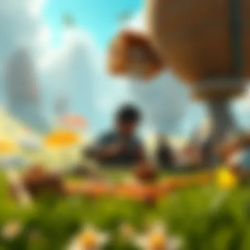 A vibrant landscape featuring a player crafting items in an open-world environment, surrounded by nature and resources, showcasing creativity and exploration.