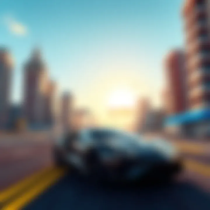 A vibrant city skyline with a sports car driving through streets under a clear blue sky.