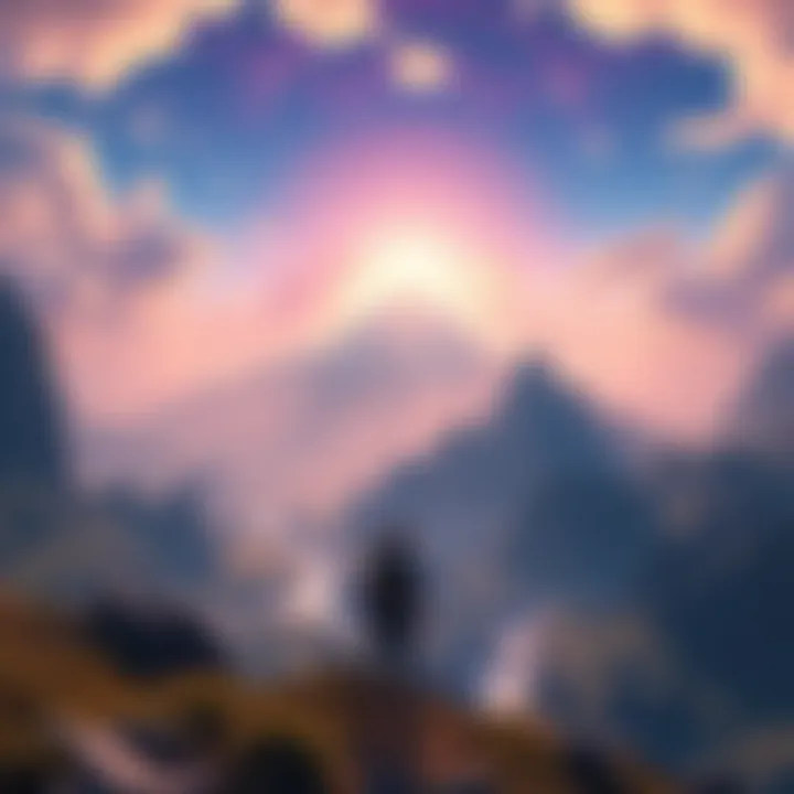 A player exploring a vast open world game environment featuring mountains, rivers, and a vibrant sky.