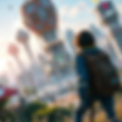 A character exploring a vibrant open world with urban scenery in the background, highlighting narrative gameplay.