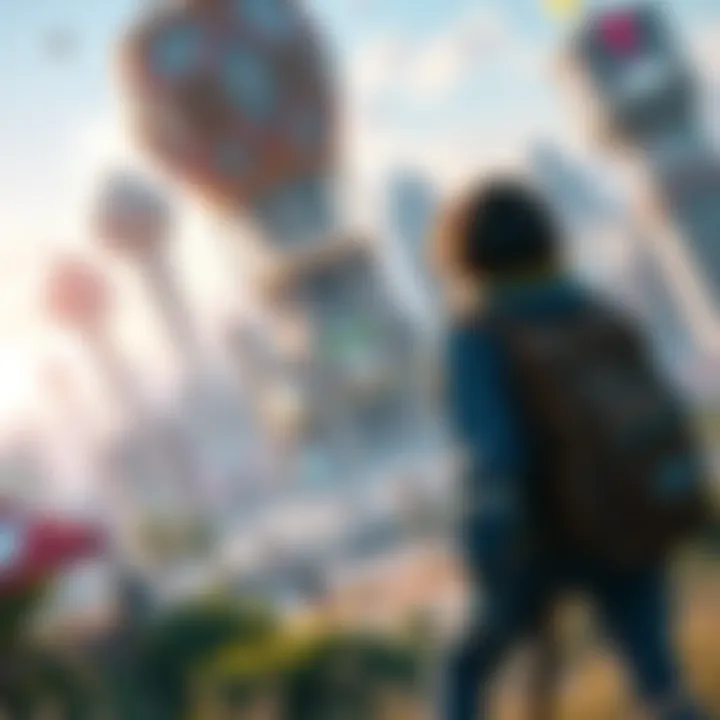 A character exploring a vibrant open world with urban scenery in the background, highlighting narrative gameplay.