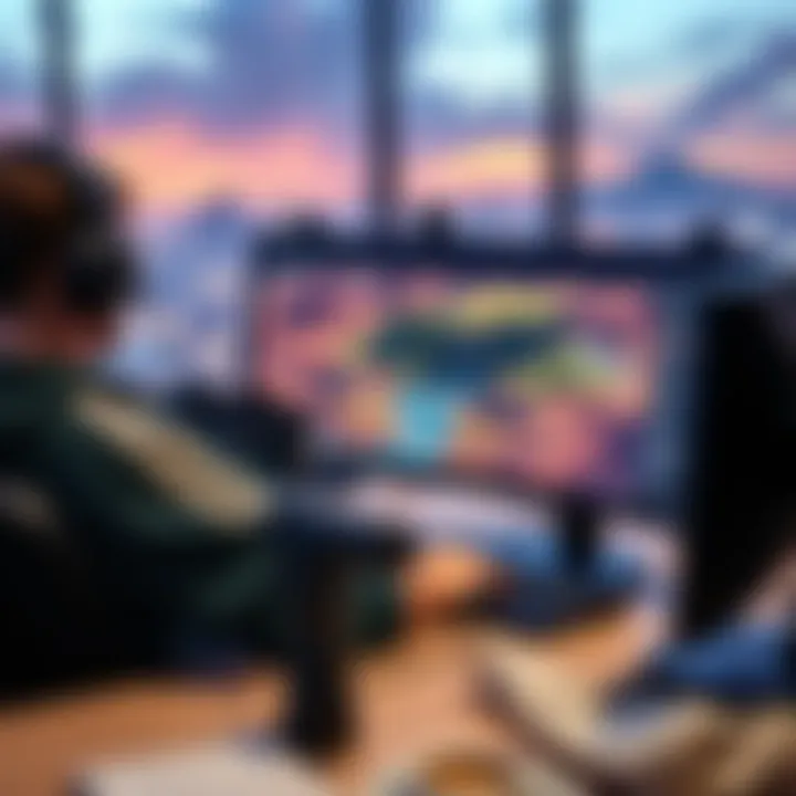 Open-world game design A game developer optimizing memory usage while designing an open-world map on a computer.