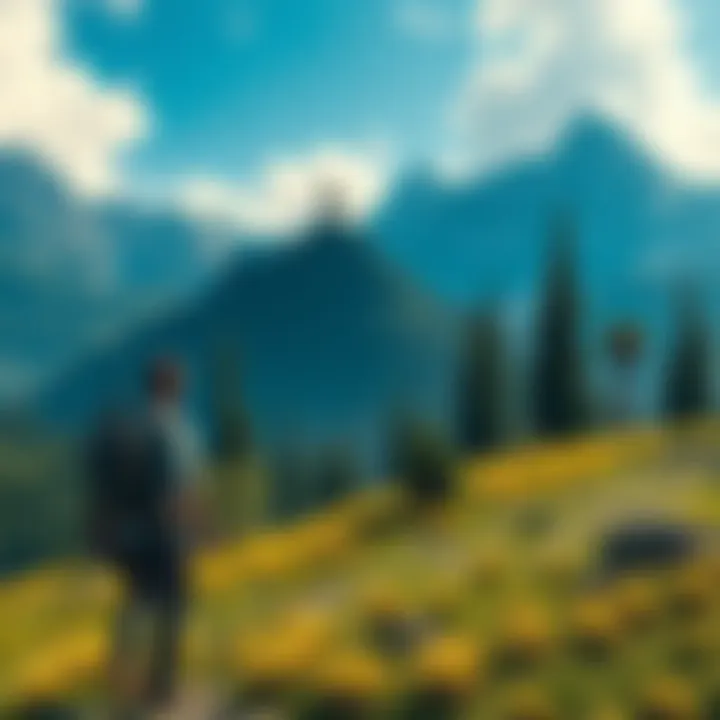 Open World Game Exploration A character exploring a lush, detailed landscape in an open world game setting with mountains and forests in the background.