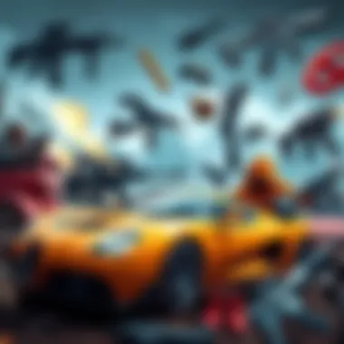 Open World Game Items A collection of weapons, cars, and clothing found in an open world game setting