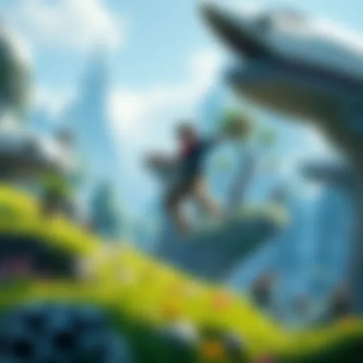 A character jumping through a vibrant, open world filled with lush greenery and unique structures, showcasing fluid movement mechanics in gameplay.