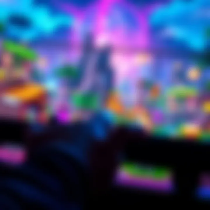 A gamer playing an open world game on a console, surrounded by colorful graphics and immersive environments.